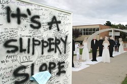 CRAFT OR CONTROVERSY? :  In early November, a temporary art installation at Cal Poly as part of Beth Diamond's landscape architecture class caused a county-wide uproar, as the exhibit suggested that gay marriage could open the door for humans marrying animals.