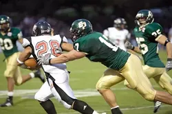 CAPTAIN OF THE OLD GUARD : Buck Buchanan candidate Kyle Shotwell headliner on the Mustang defense since defensive end Chris Gocong went to the Philadelphia Eagles this spring remembers the program in its welfare days. - PHOTO BY PATRICK M. KLEMZ