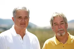 QUITE A PAIR : Ernie Dalidio (left) and architect Vic Montgomery (right) hope to sway voters to their goal with an organic farm and landscaping with 650 trees alongside native plants and grasses. - PHOTO BY JESSE ACOSTA