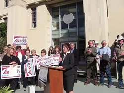 ARNOLD ANNOUNCES : Flanked by supporters, Debbie Arnold announced her plans to run for the 5th District supervisor seat at a Jan. 11 rally on the steps of SLO's Old Courthouse. - PHOTO BY PATRICK HOWE