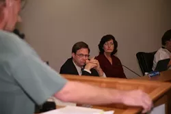 ON CALL : Atascadero City Attorney Patrick Enright—pictured here with City Clerk Marcia Torgerson—listened as local activist David Broadwater accused the city of Brown Act violations on June 27. - PHOTO BY JESSE ACOSTA