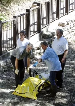ON THE SCENE: Investigators remove Sharon Ostmans body from SLO creek on July 11. - PHIL KLEIN