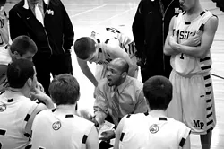 FACING FORWARD : First-year Royal coach Darren Harris is not into talking about Tom Mott or last years recruiting scandal. With the playoffs on the programs doorstep, he is preparing his kids for another title run. - PHOTO BY JESSE ACOSTA