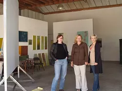 TRIPLE THREAT : (left to right) Anne Stahl, Carol Paquet, and Xenia Madison are the creative inhabitants of CorkStop Studio, a new exhibit and working space in Corbett Canyon. - PHOTO BY ASHLEY SCHWELLENBACH