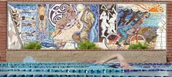ROMAN BATH? : This tile mural by Cayucos artist Peter Ladochy at the new Kennedy Fitness Multiplex pool was created as part of the Public Art in Private Development program. Ladochy is also responsible for the “Love and Double Joy� tile piece in SLO’s Old China Town, as well as a Native American-inspired three-dimensional piece near the Cayucos pool. - GLEN STARKEY