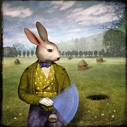 SOMETIMES, JUST ONE SECOND: In the piece 'It all Seemed Quite Natural,' Maggie Taylor’s take on the white rabbit involved many layers, including scanning a porcelain white rabbit figurine onto the computer and scanning a stuffed animal to give Wonderland’s timekeeper a realistically fluffy texture. - PHOTO COURTESY OF MAGGIE TAYLOR