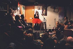 ALL DRESSED UP:  Biba Pickles performs stand-up comedy in a big red tutu. Other show costumes have included turquoise bloomers as well as a sparkly gold bra. - PHOTO COURTESEY OF BIBA PICKLES