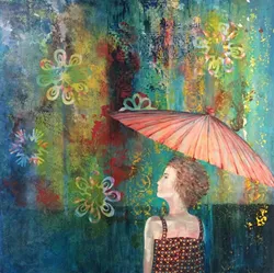 IS THIS REAL LIFE?: 'Dreamy Showers' by San Luis Obispo artist Valerie Marlow uses acrylic paints, rubber stamping, and scraping. - PHOTO COURTESY OF PASO ROBLES ART ASSOCIATION