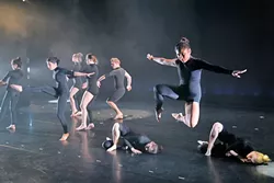 ROUND PEG, SQUARE WHOLE : Militaristic movements are blended with flowing sequences in the rebellious feeling dance Jigsaw, choreographed by Cal Poly dance professor Diana Stanton. - PHOTO BY DYLAN HONEA-BAUMANN