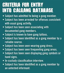 DATA MINE: California law enforcement agencies need to have least two documented instances of these criteria to designate someone a gang member or gang associate in a massive statewide database. - INFORMATION PROIVDED BY CALIFORNIA STATE AUDITOR’S OFFICE, GRAPHIC BY ALEX ZUNIGA