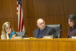 MUSICAL CHAIRS:  After a combative back-and-forth, a politically divided SLO County Board of Supervisors elected John Peschong as its chairman on a 3-2 vote. - PHOTO BY JAYSON MELLOM