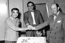 1943: The Fremont’s original projectionist Cholly Luis (left) stands next to manager Raymond Rodkey and original owner Lou Rosenberg (right). - PHOTO COURTESY OF LARRY RODKEY