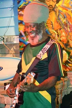 NOW AND THEN: On Feb. 3 at Frog and Peach, Ras Danny and the Reggae All Stars play a tribute to Trench Town, where as a youth Ras Danny (far left in the inset photo) became Bob Marley’s protégé. - PHOTO COURTESY OF DERRICK “RAS DANNY” REID
