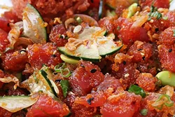 POWER LUNCH: Fresh, filling, and packed with protein, the spicy tuna poke bowl with sesame seeds, edamame, green onion, and cilantro is a refreshing lunch choice. - PHOTO BY HAYLEY THOMAS