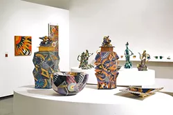 INTRICATE: Ralph Bacerra’s detailed and colorful pottery pieces take inspiration from Japanese pottery. His work, shown here on display at Otis College in Los Angeles, is currently showing at the SLO Museum of Art. - PHOTO COURTESY OF JO LAURIA