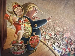 APPEALING TO THE MASSES : In his piece 'Trump-O-Matic,' Mark Bryan likens Trump to the Wizard of Oz, hiding behind a puffed up version of himself as he literally and figuratively pushes buttons to appeal to voters, all while standing on a political platform that oppresses Muslims and Mexicans. - IMAGE COURTESY OF MARK BRYAN