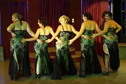 SHOWTIME: Showgirl and doll to Nathan Detroit, Adelaide (Kate Stephens, center), performs at the Hot Box with her dancers (Cadence Mitchell, Rebecca Gruett, Nicole Cortese, and Emy Authier.) - PHOTO COURTESY OF DANIELLE DUTRO MCNAMARA