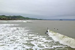 SURF’S UP : About a half-dozen surfers enjoyed good-sized waves at the Cayucos pier on Feb. 19 during a much-appreciated break in the rain. - PHOTO BY PETER JOHNSON