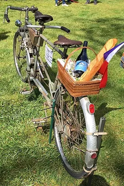 BARN FRESH: Jan Johnson of Portola Valley found this 1947 motorized Maury tandem in a barn. A pilot, Johnson flew the bike to Paso in her vintage plane. - PHOTO BY GLEN STARKEY