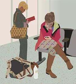 WAITING: In artist Julie Frankel’s piece, 'Airport Sunset,' one woman reads and another checks her phone while waiting at the LAX Airport in Los Angeles. - IMAGES BY JULIE FRANKEL