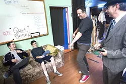 BREAKING CHARACTER: Director Kevin Harris and actor Stuart Wenger (right) take a break from a rehearsal of 'Our Town' with young actors Elliot and Phineas Peters (left.) - PHOTO BY JAYSON MELLOM