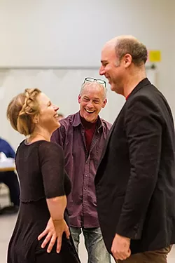 OUT OF THE CHAIR : Brad Carroll (center) wears many theatrical hats. He co-wrote Lend Me a Tenor the Musical and is now directing the show at PCPA, working closely with fellow resident artists Karin Hendricks (left) and Erik Stein (right). - PHOTO BY JAYSON MELLOM