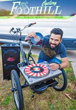 SLO SOULCYCLE Local DJ Gil Braga is asking for support from friends and neighbors to fund a mobile DJ tricycle aimed at creating a sense of community in SLO's underused public spaces. - PHOTO BY JAYSON MELLOM