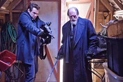 TAKE THAT, BLOODSUCKER! Armed with a silver-spike-shooting nail gun, CDC Dr. Ephraim "Eph" Goodweather (Corey Stoll, left) and sword-wielding vampire hunter Professor Abraham Setrakian (David Bradley) set about trying to end an outbreak of vampirism in NYC. - PHOTO COURTESY OF FX