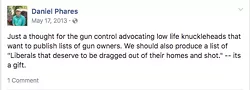 TROUBLING POSTS A Facebook account that appears to belong to a SLO man accused of threatening organizers of a vigil for victims of racist violence in Charlottesville contained screeds that called for violence against some minorities and other groups. - SCREENCAP BY CHRIS MCGUINNESS