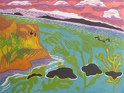 NATURAL BEAUTY Pieces like woodcut Channel Islands evoke artist Sara Woodburn's abstract and folksy take on the landscape. - IMAGE COURTESY OF SARA WOODBURN