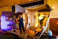 DIY Cynthia Anthony (left) and Dana Shaheen (right), of Wine Country Theatre, get the set ready for the play, Annapurna, at the Park Street Ballroom in Paso. - PHOTO BY JAYSON MELLOM
