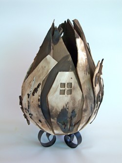 CATASTROPHIC Rebecca Wamsley's ceramic and steel sculpture, Aftermath, is reminiscent of the charred remains of a home after a fire. - IMAGE COURTESY OF REBECCA WAMSLEY