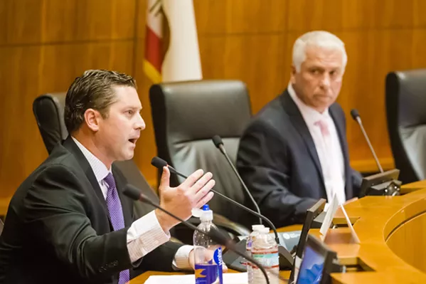 RACE FOR THE 35TH DISTRICT Incumbent Assemblyman Jordan Cunningham and his challenger, Bill Ostrander, shared their views on education, transportation, immigration, and other issues at a Sept. 24 forum. - PHOTO BY JAYSON MELLOM