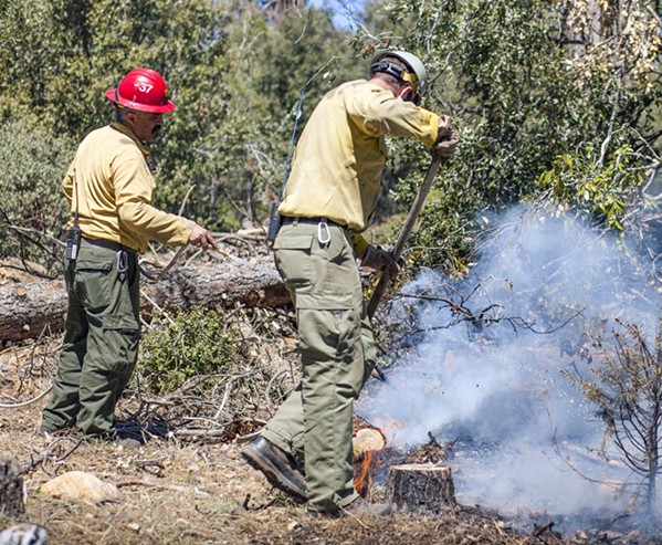 PRESCRIPTION U.S. Forest Service crew members work on a controlled burn in Los Padres National Forest in April 2018. The work included clearing brush and curing wood for small pile fires. Once reduced to ash, they are doused with water and mixed back in with the soil. - FILE PHOTO BY SPENCER COLE
