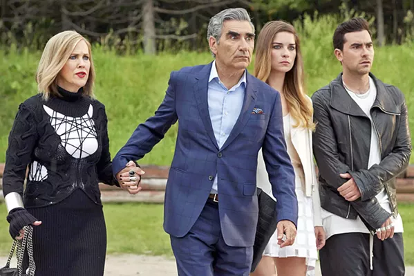 FISH OUT OF WATER The formerly wealthy Rose family—(left to right) mother Moira (Catherine O'Hara), father Johnny (Eugene Levy), and kids Alexis (Annie Murphy) and David (Dan Levy)—find themselves living in a backwater town, in the Canadian sitcom Schitt's Creek. - PHOTO COURTESY OF THE CANADIAN BROADCASTING CORPORATION