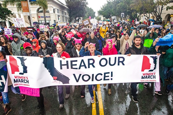 MARCHING ON Jan. 21, 2017, was a cold and rainy day but that didn’t stop demonstrators from participating in the first Women’s March San Luis Obispo. - FILE PHOTO COURTESY OF JAYSON MELLOM