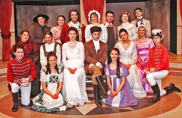 PRIDE AND PREJUDICE Misunderstandings, witty banter, heated arguments, and love ensue in Jane Austen's classic story. From left to right (starting with the back row): Mr. Collins (Phineas Peters), Charlotte Lucas (Katie Karleskint), Mr. Bennet (Jed Autier), Mrs. Bennet (Eliana Nunley), Mr. Bingley (Drew VanderWeele), Mrs. Gardiner, (Alyssa Mickey) Mr. Gardiner (Aiden Douglas), Lady Catherine (Carly Crow), Mary (Rachel Miller), Elizabeth (Penne DellaPelle), Mr. Darcy (Elliot Peters), Jane (Isabella Grznar), Caroline Bingley (Linnea Marks), Mr. Wickham (Jason Gray), Mr. Denny (Claire Romero), Kitty (Ella Gomez), and Lydia (Sophia Lea). - PHOTOS COURTESY OF SLO REPERTORY THEATRE