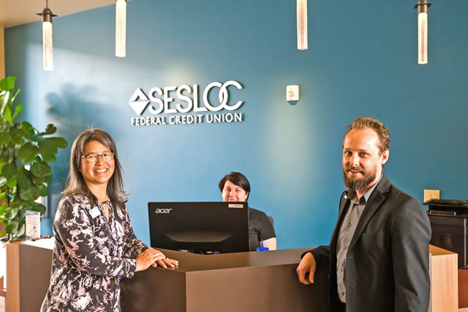 YOUR BANK SESLOC SLO Branch Manager Michael Foote (RiGhT) and Training Manager Carolyn White (LEFT) are just two of the smiling faces you’ll see at any of the four branches in SLO County. Aren’t they the best? - PHOTO BY JAYSON MELLOM