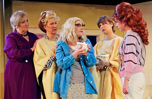 MORE THAN A SALON While the entirety of Steel Magnolias takes place in a beauty parlor, the heart of the story is the friendships between, left to right, Clairee (Patty Thayer), M'Lynn (Suzy Newman), Annelle (Katie Worley-Beck), Shelby (Rebecca Tucker), and Truvy (Eleise Moore). - PHOTOS COURTESY OF THE GREAT AMERICAN MELODRAMA