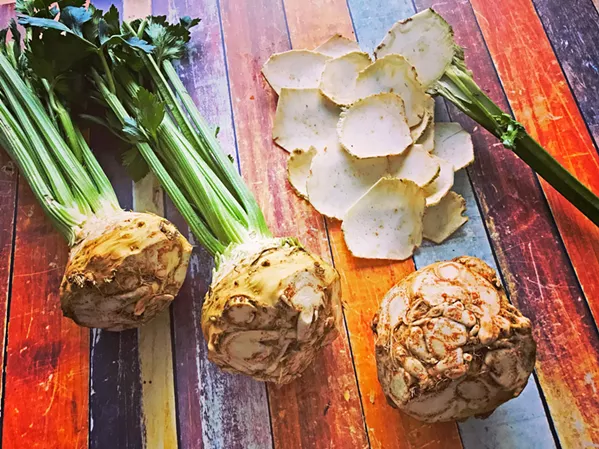 COMPLEX CREATIONS At SY Kitchen in Santa Ynez, chef Luca Crestanelli prefers to use celery root raw, soaked in a bit of water and lemon and then julienned for a salad. Keeping it raw preserves some of its distinct flavor, and the texture makes it a perfect accompaniment to a dish with a lot of bright vegetables. - PHOTOS COURTESY OF BABÉ FARMS