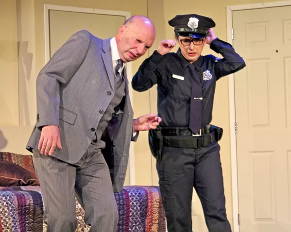 WHAT IS THAT? When a videotaped attempt to catch an embezzler confess in a hotel room goes awry, Mayor Meekly (Billy Breed) and officer Billie Dwyer (Eleise Moore) get more of a show than either bargained for. - PHOTOS COURTESY OF THE GREAT AMERICAN MELODRAMA