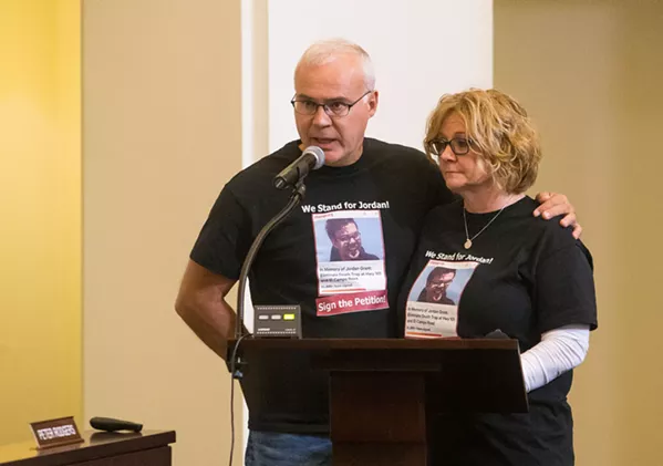 SEEKING ACCOUNTABILITY James and Becky Grant, parents of Jordan Grant, advocated for the partial closure of the El Campo intersection at an April 3 SLOCOG meeting. - FILE PHOTO BY JAYSON MELLOM