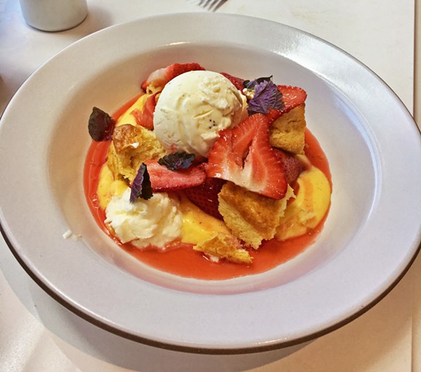 SWEET MOTHER OF STRAWBERRIES House-made biscuits, creme fraiche, strawberries, lemon curd, and homemade lemon poppy ice cream make up this strawberry shortcake dessert special. - PHOTOS BY BETH GIUFFRE