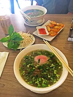 SOMETIMES YOU GET WHATCHA NEED Among nine different kinds of Vietnamese phơ on the menu, pictured is the combination phơ: steak, brisket, and beef balls garnished with bean sprouts and Thai basil, and the steak phơ. From the "Munchies" section of the menu: crispy and delicious shrimp and pork fried dumplings. - PHOTOS BY BETH GIUFFRE