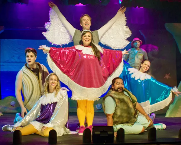 SEAGULL POO! Papa Pia ends with the cast Sophie (Katie Pautler), Sky (Henry Fisher), Donna (Katie Gucik), Harry (Ben Abbott), Virgil (Mike Fiore), Ali (Rachel Tietz), and Eddie (Alejandro Gutierrez) parodying the Abba hit "Waterloo" with the hilarious song "Seagull Poo!" - PHOTOS COURTESY OF THE GREAT AMERICAN MELODRAMA