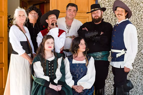 LYING LIAR Who's telling the truth and who's lying in By The Sea Productions' version of comical farce The Liar? The full cast is, from left to right, standing, Isabelle/Sabine (Jean Miller), Geronte (Larry Barnes), Dorante (Nik Coffey), Cliton (Ed Cardoza), Alcippe (Travis Horton), and Philliste (Chris Blicha). Seated: Clarice (Bailey Satterfield, left) and Lucrece (Deirdre Loy). - PHOTO COURTESY OF IAIN MACADAM