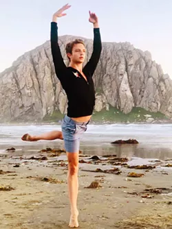RAISED BY THE ROCK Niko Yaroslaski strikes a ballet pose in front of his hometown landmark in Morro Bay. - PHOTO COURTESY OF KAREN CROLEY