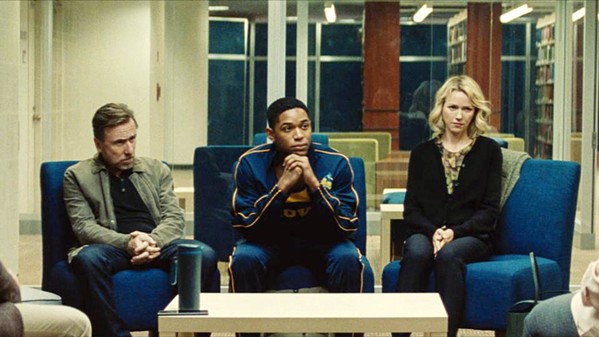 CONFRONTED Accomplished student and athlete Luce's (Kelvin Harrison Jr., middle) stellar reputation is called into question after his teacher discovers something shocking in his locker, in Luce. - PHOTO COURTESY OF TOPIC STUDIOS