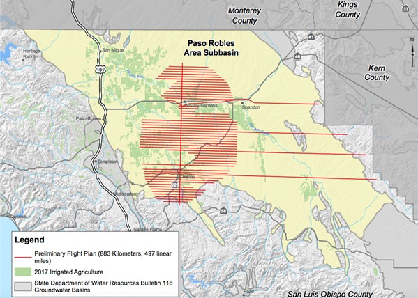 FLIGHT PATH A helicopter will zig-zag over the Paso Robles Groundwater Basin area in October (flight path in red) as part of a state-of-the-art Stanford University hydrogeologic study. - IMAGE COURTESY OF SLO COUNTY