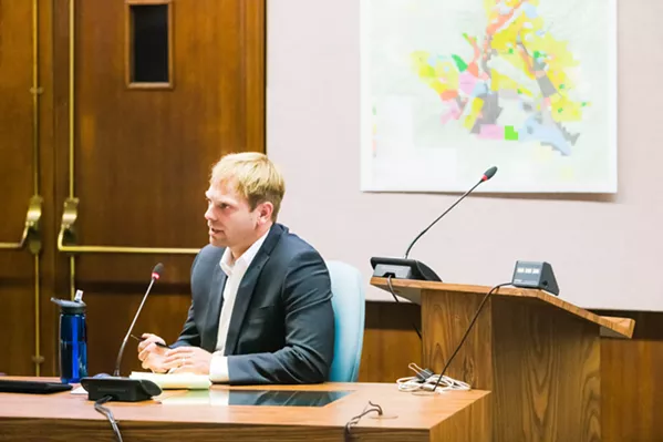 MAKING THE PITCH J.R. Killigrew, Monterey Bay Community Power's communications director, makes a presentation to the SLO City Council about the city's upcoming transition to Community Choice Energy. - PHOTOS BY JAYSON MELLOM